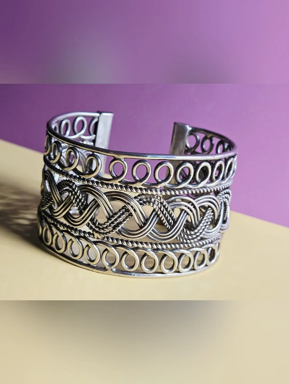 Fashion Jewelry Silver Braided Open Filigree Cuff Bracelet